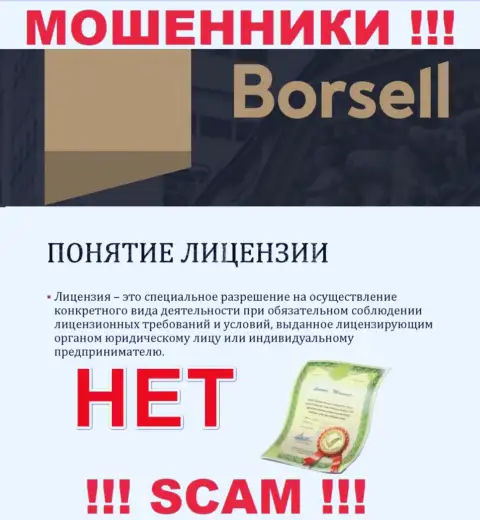 Вы не сумеете отыскать инфу о лицензии internet-мошенников Borsell Ru, ведь они ее не смогли получить