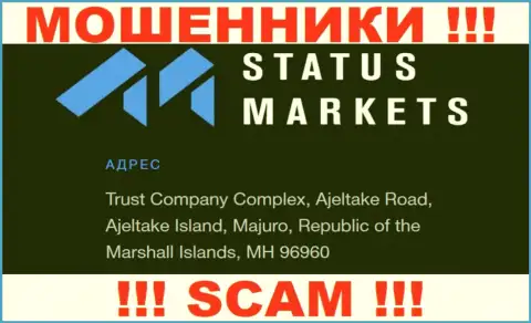 За лишение денег доверчивых клиентов жуликам StatusMarkets Com точно ничего не будет, поскольку они осели в офшоре: Trust Company Complex, Ajeltake Road, Ajeltake Island, Majuro, Republic of the Marshall Islands, MH 96960