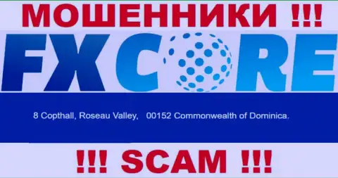 Перейдя на сайт FXCore Trade можно заметить, что пустили корни они в оффшоре: 8 Copthall, Roseau Valley, 00152 Commonwealth of Dominica - это МОШЕННИКИ !
