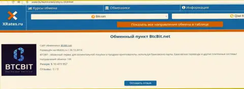 Инфа об онлайн обменнике БТКБит на веб-сервисе иксрейтес ру