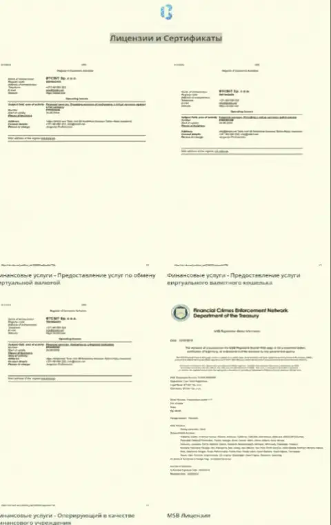 Лицензионные документы и сертификаты обменника БТЦБит