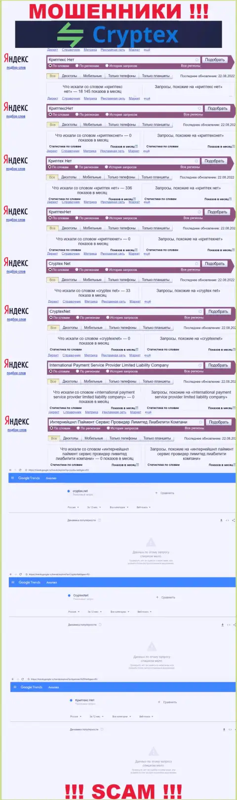 Скриншот итогов online-запросов по незаконно действующей организации Cryptex Net