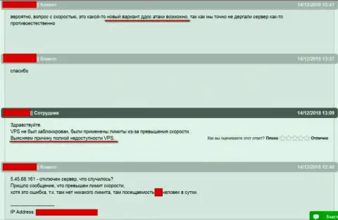 Интернет-переписка с технической поддержкой хостер-провайдера, где хостился web-ресурс ffin.xyz, по сложившейся ситуации с блокировкой веб-сервера